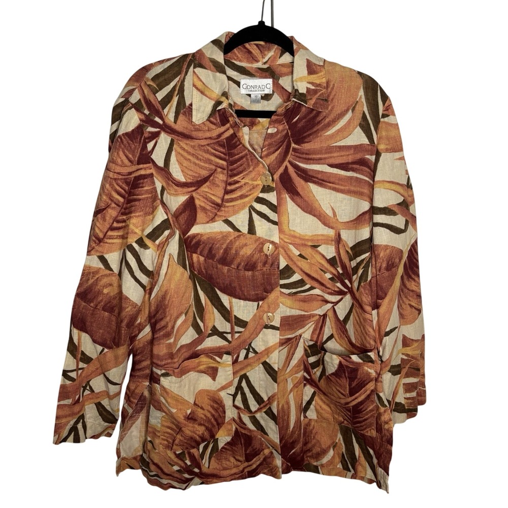 Conrad C Collection 100% Linen Tropical Leaf Button Front Shirt Brown Orange 10
